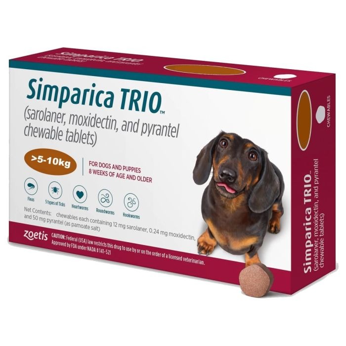 Zoetis Simparica Trio (Sarolaner) Tick & Flea Control Tablet for (5 to 10 kg) Dogs (3 tablets)