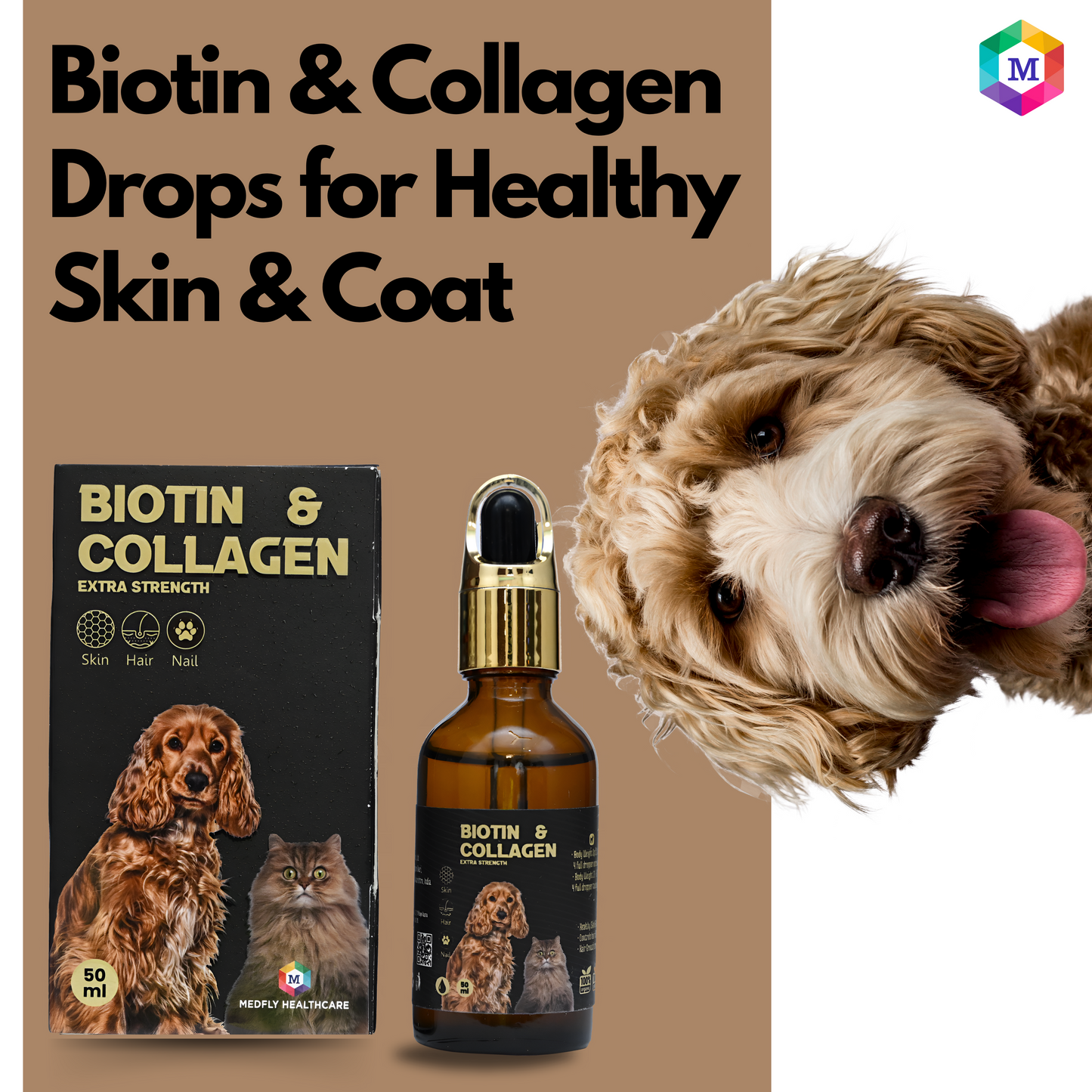 Biotin for Dogs & Cats | Collagen Supplement Drops for Healthy Skin, Coat, and Hair Growth | 50ml, Plant-Based & Fast-Acting Formula