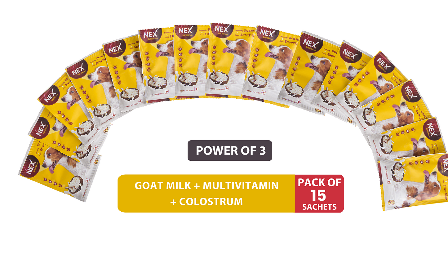 Goat Milk + Multivitamin + Colostrum (Immunity Booster) for Dogs | Essentials Vitamins & Minerals for Immunity Booster, Bones, Skin, Hair & Gut Health for Dogs - Pack of 15 Sachets