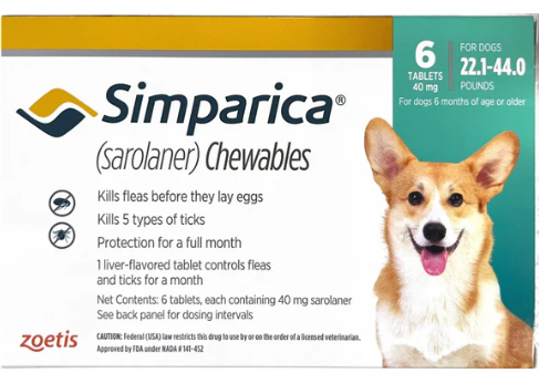 Zoetis Simparica (Sarolaner) Tick and Flea Control Tablet for Dogs (pack of 6 tablets)