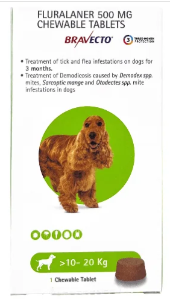 MSD Animal Health Bravecto 500mg (Fluralaner) Dog Tick & Flea Control Tablet (10 to 20 kg) (1 tablet)