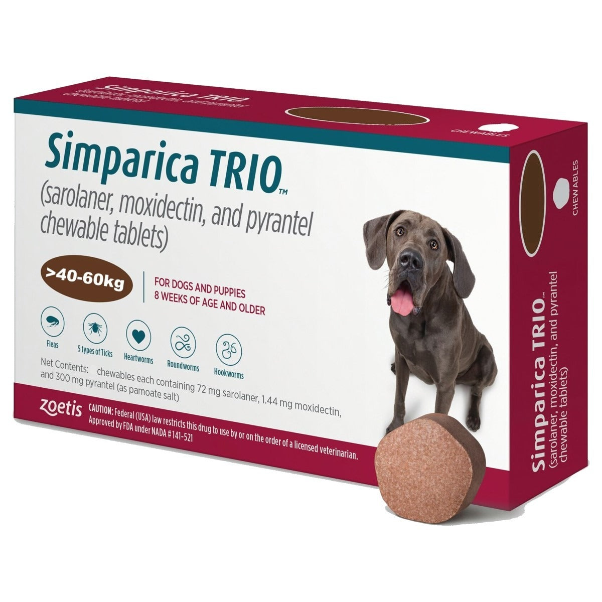 Zoetis Simparica Trio (Sarolaner) Tick & Flea Control Tablet for (40 to 60kg) Dogs (3 tablets)